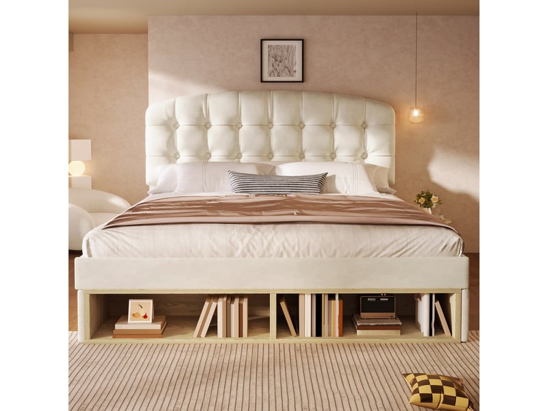  Lit double rembourré 140 x 190 cm avec tiroirs, rangements et tête de lit réglable, velours beige, sommier à lattes Fay Lum - Conforama E
