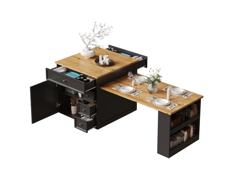  Îlot de cuisine extensible 120-184x70x94 cm avec tiroirs, roulettes et plateau effet bois, pour cuisine salle à manger ou bar, mdf, noir Bubbly - Conforama A