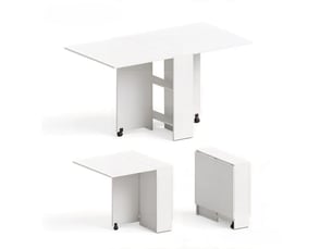 Table de salle à manger pliante avec 2 étagères, roulettes freinées, en panneaux de particules blancs, pour cuisine