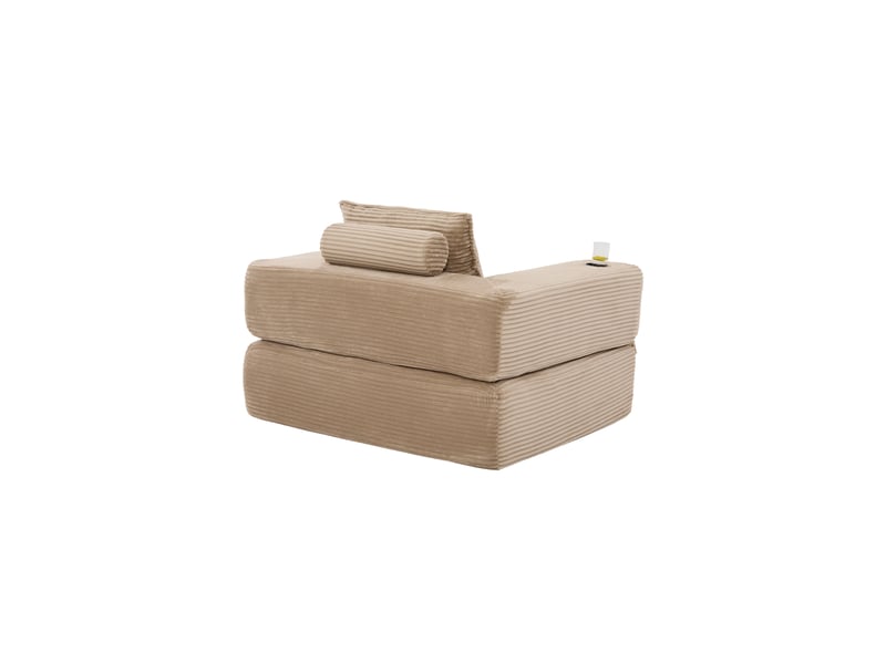  Canapé droit convertible 1 place en velours côtelé beige, avec poche latérale, porte-gobelet et accoudoirs zippés  - Conforama A