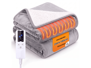 Nettlife couverture chauffante 200x180cm gris clair, 6 niveaux, minuterie 2-10h arrêt auto, double face flanelle & sherpa, lavable, protection surchauffe