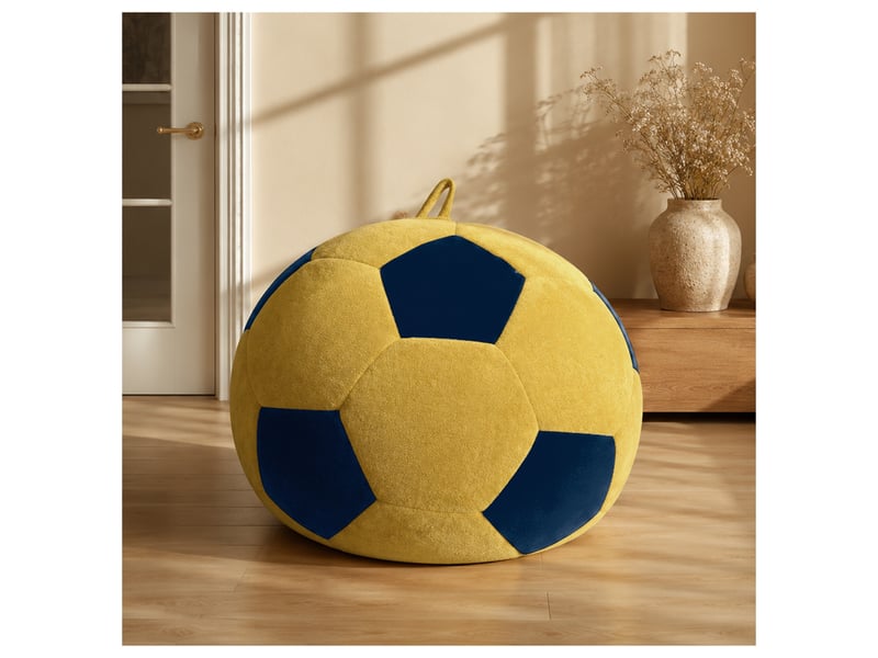  Fauteuil pouf rond en forme de ballon de football avec garnissage en mousse à mémoire de forme, flanelle bleu et jaune  - Conforama B