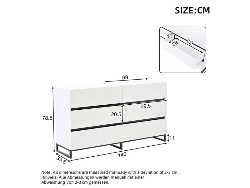  Buffet de salon 140 cm commode avec 6 tiroirs blanc et noir  - Conforama C