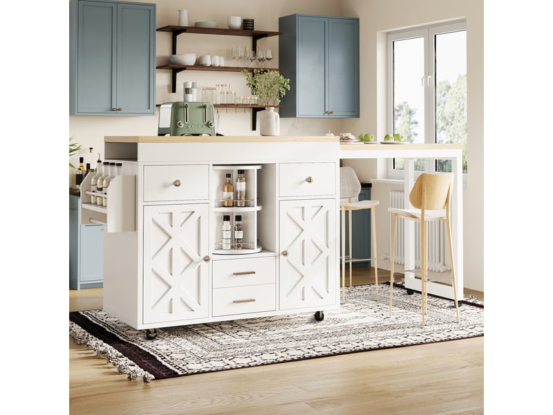  Desserte cuisine, îlot central sur roulettes avec plan de travail, plateau extensible, pivotant à 360°, dimensions 110 à 180 x 40 x 91 cm, mdf, blanc  - Conforama B