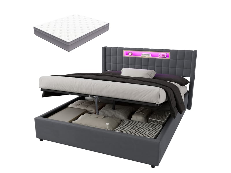 Lit pour enfant 160 × 200 cm 2 places avec matelas et fonction de recharge, lit rembourré avec compartiments ouverts et éclairage led, lit double avec coffre de rangement, gris - Conforama A