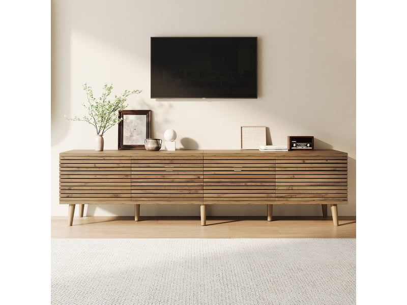 Meuble tv 180 cm pour écran jusqu’à 75 pouces, 4 portes ajourées push-to-open, 6 compartiments, passe-câbles, fermeture douce, effet bois naturel  - Conforama B