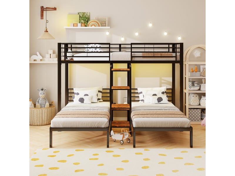 Lit superposé 3 places 90x200 cm en métal avec 2 lits simples en l, échelle intégrée, garde-corps et étagère - noir - Conforama D