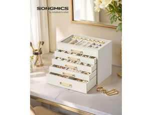 Grande boîte à bijoux femme avec 5 tiroirs et couvercle en verre, coffret cadeau, 24 x 17,2 x 18,4 cm, blanc