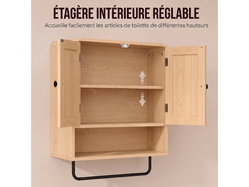  Armoire murale de salle de bain, meuble de rangement suspendu avec 2 portes, porte-serviettes, étagère ouverte, chêne  - Conforama R