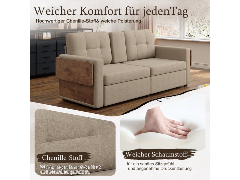Canapé 2 places en chenille avec rangement intégré, table d’appoint réglable et porte-gobelets - kaki - Conforama E