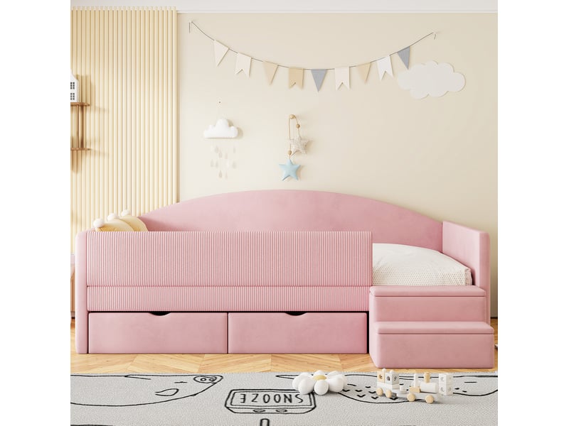  Lit enfant 90x190 cm avec 2 tiroirs et marches en velours rose  - Conforama C