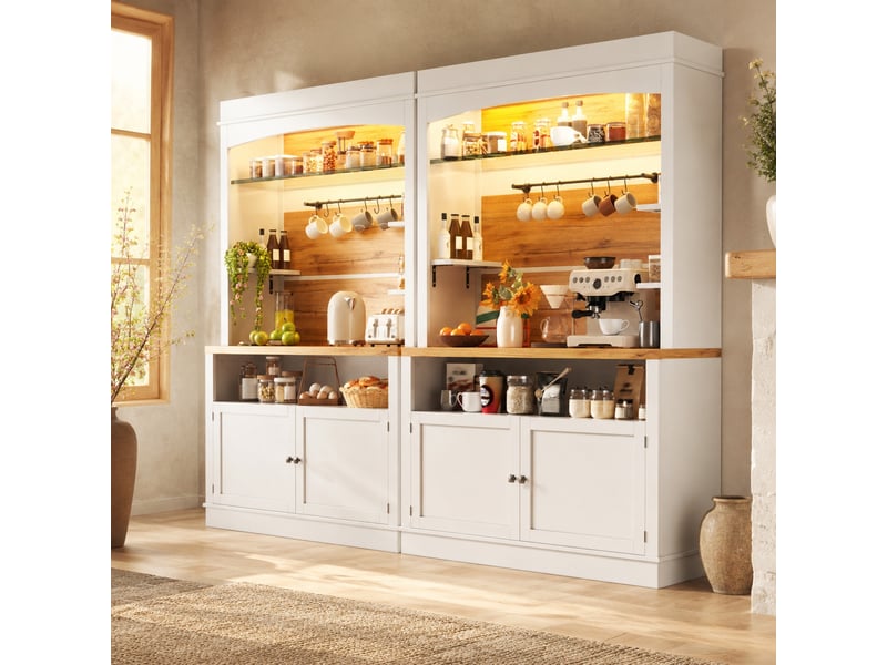  Lot de 2 buffets de cuisine hauts led avec étagère en verre et 6 crochets, pour cuisine, mdf blanc, 107 × 34 × 184 cm  - Conforama B
