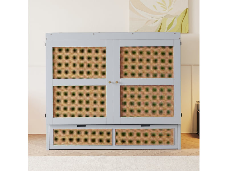  Lit escamotable vertical 140 x 200 cm, sommier à lattes et tiroirs de rangement, gris  - Conforama E
