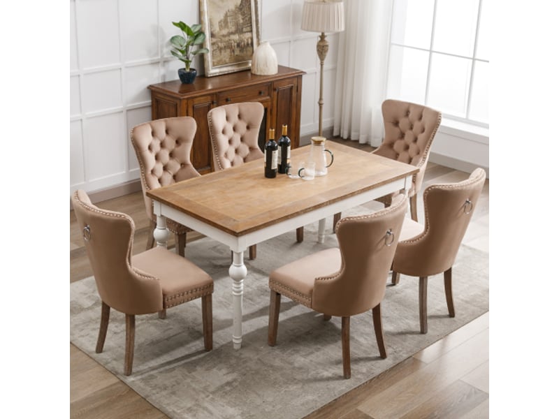 Lot de 6 chaises de salle à manger velours brun, dossier à moulures, pieds en bois massif, style élégant moderne  - Conforama W