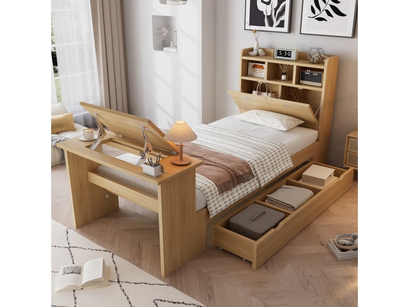  Lit simple 90x200 cm, lit enfant, tiroirs, étagères, bois naturel  - Conforama D