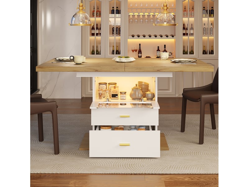  Table de salle à manger extensible avec éclairage led 110-140x80x75 cm, 2 tiroirs et espace de rangement, panneau aggloméré blanc, cuisine  - Conforama D