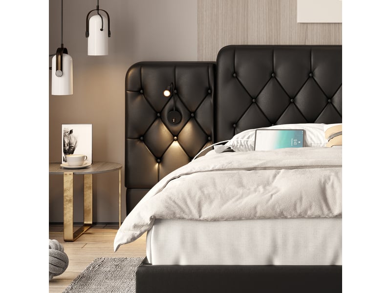  Lit double 160x200 cm avec plusieurs ports usb et lampe de bureau, cadre de lit coffre avec tête de lit longue, noir, velours  - Conforama W