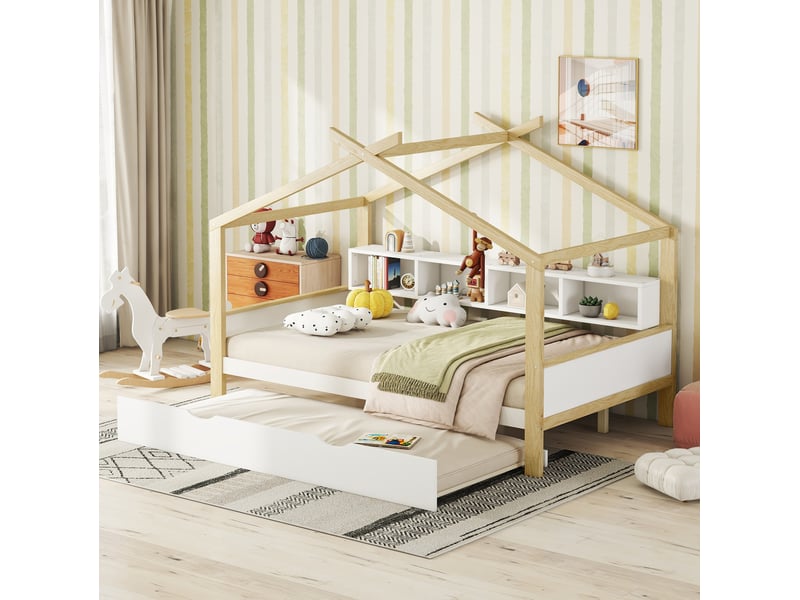 Elvmi lit cabane enfant 140x200 cm avec lit gigogne coulissant, 4 compartiments de rangement latéraux, structure en bois de pin massif et mdf, design maison avec sommier à lattes, coloris naturel et blanc, pour chambre d’enfant - Conforama B