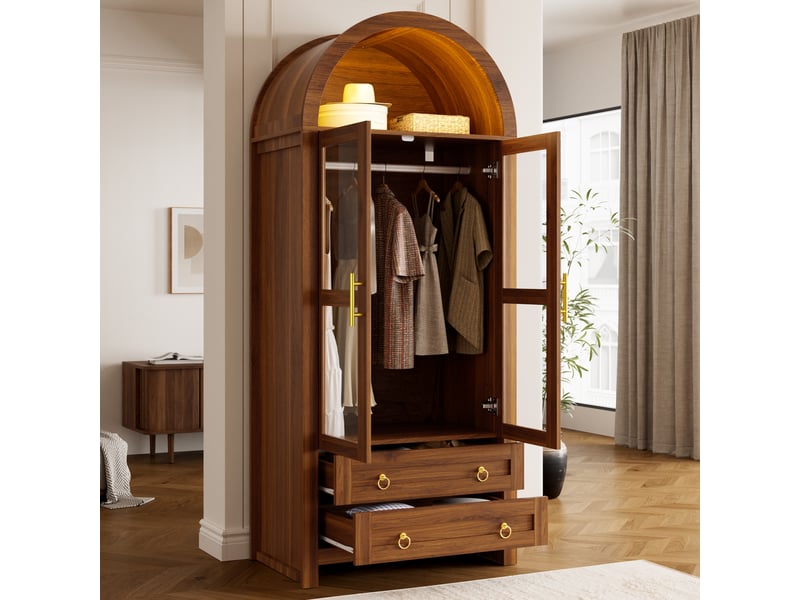  Armoire penderie 76x50x185 cm - 2 portes vitrées - 2 tiroirs - niche - led réglables - design arqué - mdf - noyer CozyNest - Conforama E
