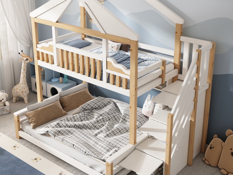  Lit superposé maison enfant 90x200+140x200 cm avec escalier-rangement, étagères, toit diamant, bois blanc et naturel  - Conforama B