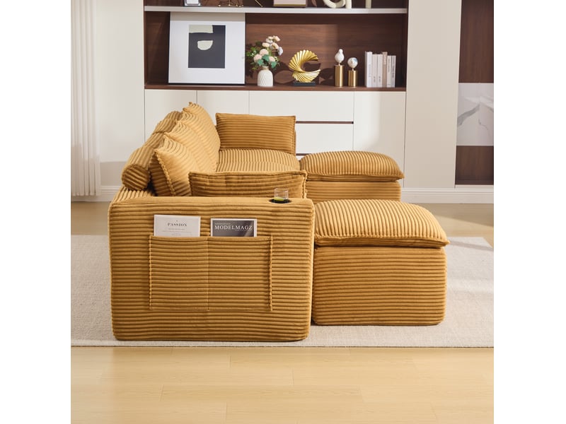 Canapé droit modulable 4 places en velours côtelé orange avec 2 poufs, porte-boisson et poches latérales - Conforama E