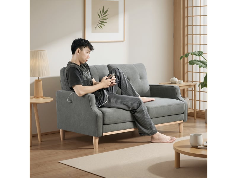  Canapé droit 2 places gris foncé en tissu 135 cm avec port usb et pieds en bois, pour petit appartement et salon W3423S00003 - Conforama W