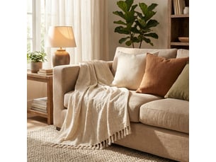 Plaid décoratif 100 % coton avec pompons yantra - blanc