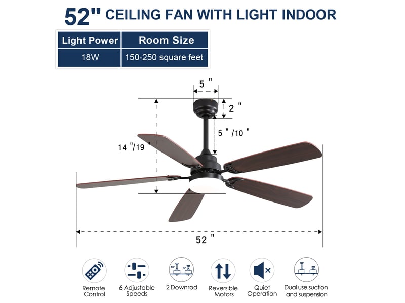  Ventilateur de plafond led 132 cm - 5 pales mdf - 6 vitesses - moteur dc réversible - télécommande - noir  - Conforama C