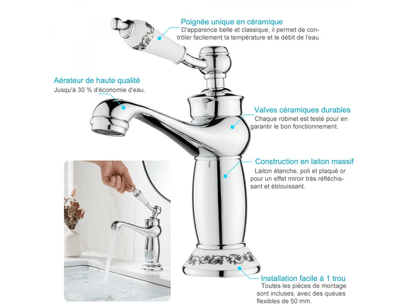  Robinet de lavabo style victorien chromé avec poignée céramique - contrôle eau chaudefroide - installation facile avec flexibles inclus  - Conforama C