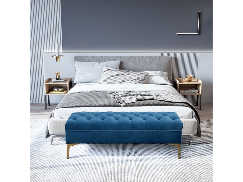  Banc capitonné avec assise en velours et piètement en métal doré, 118 x 45 x 42 cm, bleu  - Conforama D