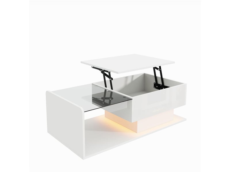  Table basse salon, plateau verre trempé blanc brillant, rangement intégré, led intégrées, hauteur réglable  - Conforama D