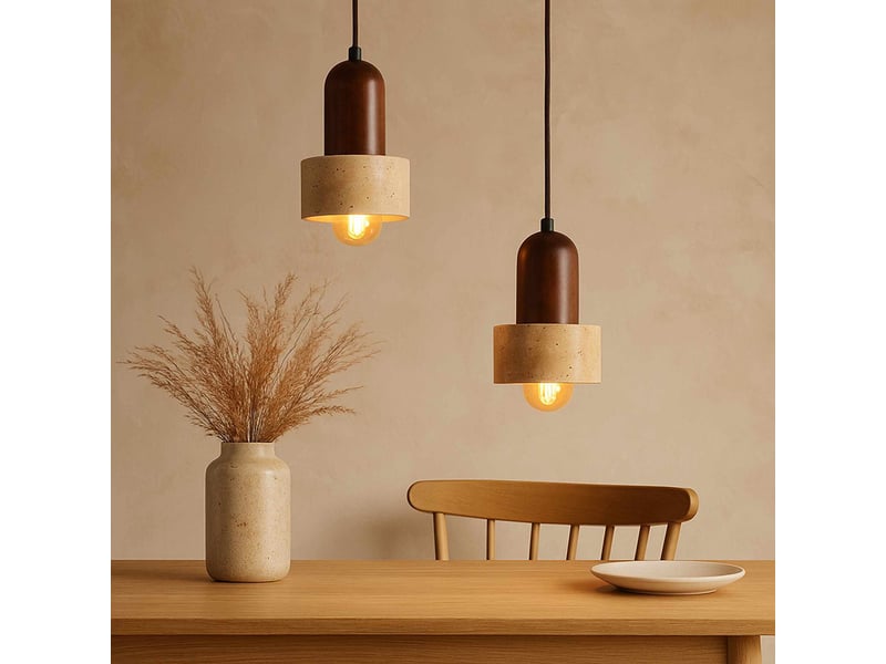  Suspension design 2 spots en travertin et effet bois noyer iris  - Conforama E
