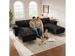 Canapé d'angle en u 4 places modulable effet nuage coussins mousse double couche 2 chaises longues 2 coussins pieds métal doré tissu chenille noir
