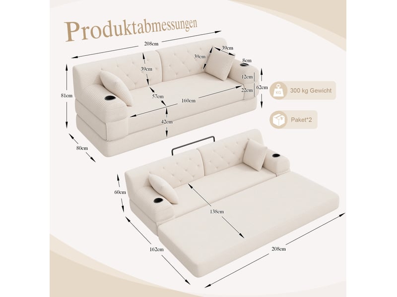  Canapé convertible compressé 3 places en velours côtelé beige avec porte-gobelets et poches  - Conforama C