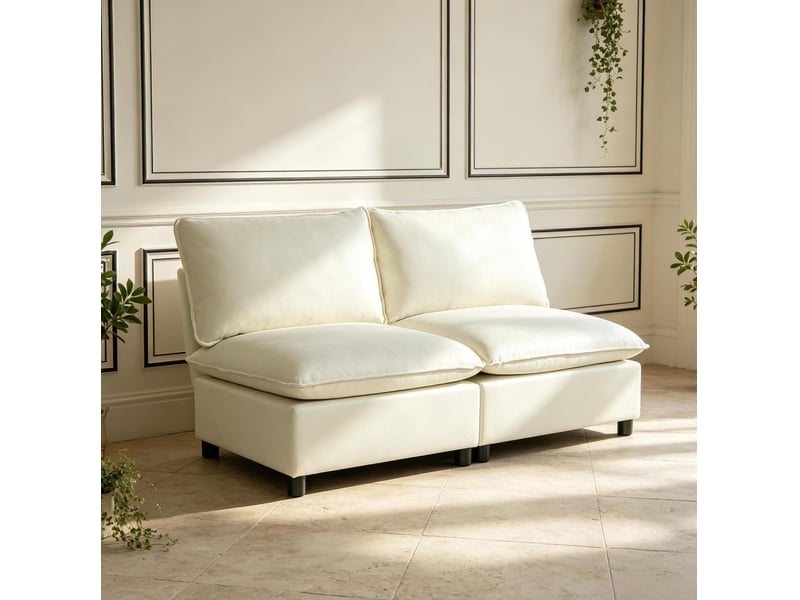  Canapé droit 2 places sans accoudoirs avec assise spacieuse et coussins épais en tissu crème 146 × 85 × 78 cm  - Conforama C
