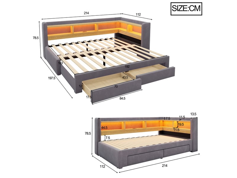 Lit gigogne 90x200 cm gris en velours, extensible en couchage 180x200 cm avec rangements, led et prise - Conforama C
