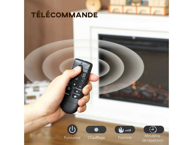 Cheminée électrique 1000w2000w fausse cheminée effet flamme à 12 couleurs et 5 luminosités réglables blanc 98x25x80cm - Conforama R