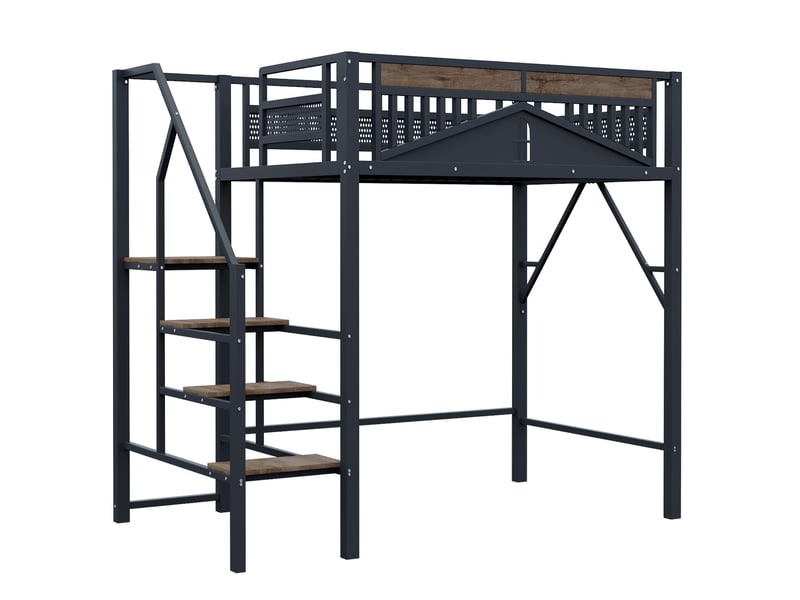  Lit mezzanine métal 140x200 cm avec échelle de sécurité et espace sous le lit noir  - Conforama E