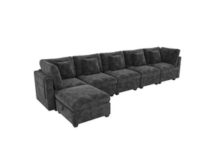 Canapé d'angle panoramique fixe <strong></strong> <strong></strong> 6 places Tissu gris avec coffre de rangement