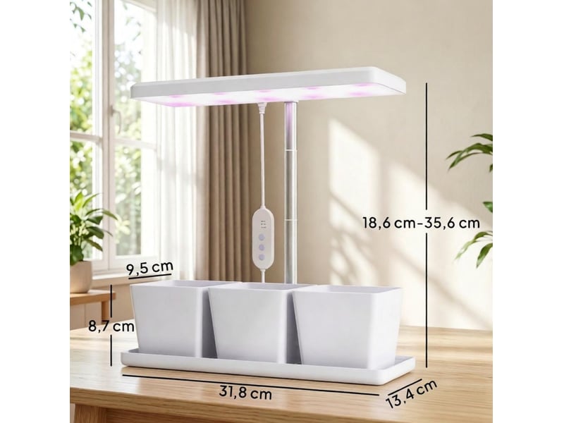 Lampe de croissance led 31,8 x 13,4 x 18,6-35,6 cm en acrylique, aluminium et plastique avec 3 bacs de culture blanche chicfurn - Conforama D