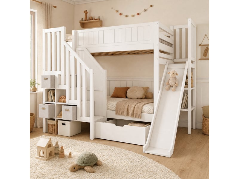  Lit superposé enfant 90x200 cm avec toboggan et rangements, blanc  - Conforama B