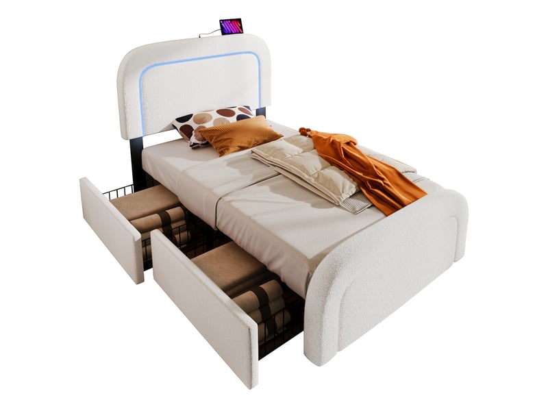  Lit enfant 90x200 cm – blanc – usb-c, led, 2 tiroirs, tête de lit réglable, sommier en bois, avec matelas h3  - Conforama A