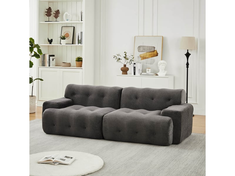  Canapé effet nuage modulable 2 places 224x104x66 cm, assise profonde 68 cm, larges accoudoirs, sans montage, base antidérapante, chenille gris  - Conforama B
