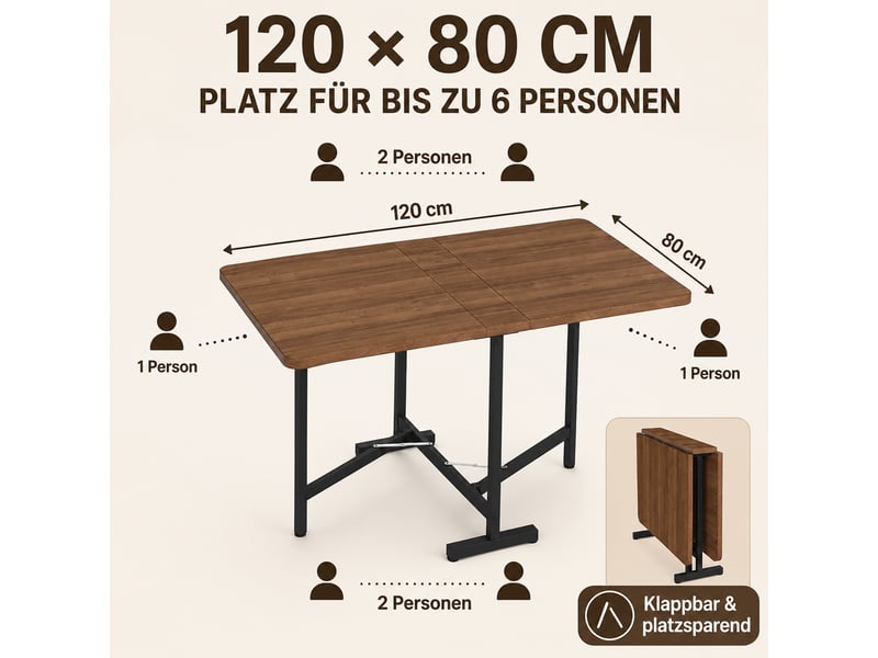 Table à manger pliante gain de place 120x80 cm, extensible avec structure en métal, mdf - noyer  - Conforama E