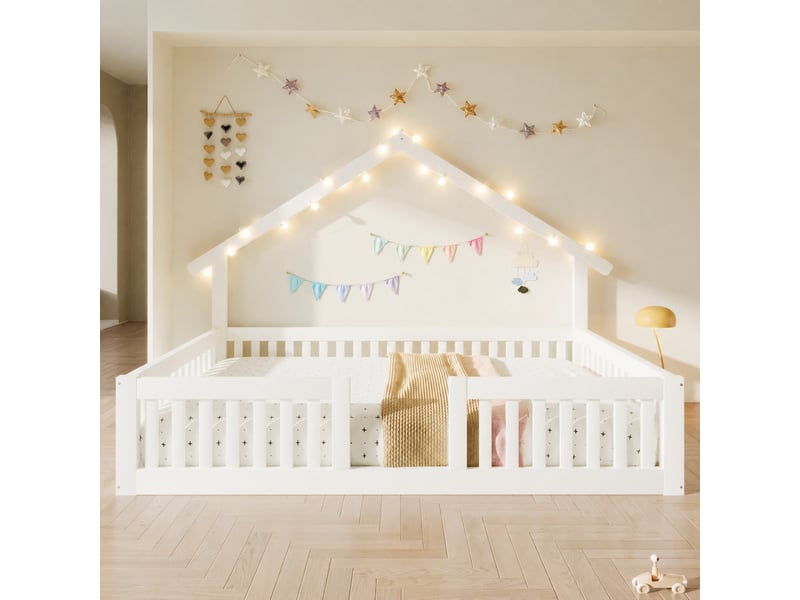  Lit cabane enfant 140 x 200 cm avec barrières de sécurité et guirlande led, blanc  - Conforama C