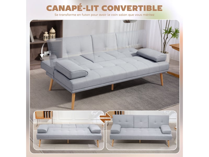 Canapé convertible 3 places, canapé-lit rembourré avec dossier réglable 3 niveaux, 2 coussins et 2 porte-gobelets intégrés, tissu de lin, pour salon, chambre d'amis, gris clair, petit espace - Conforama A