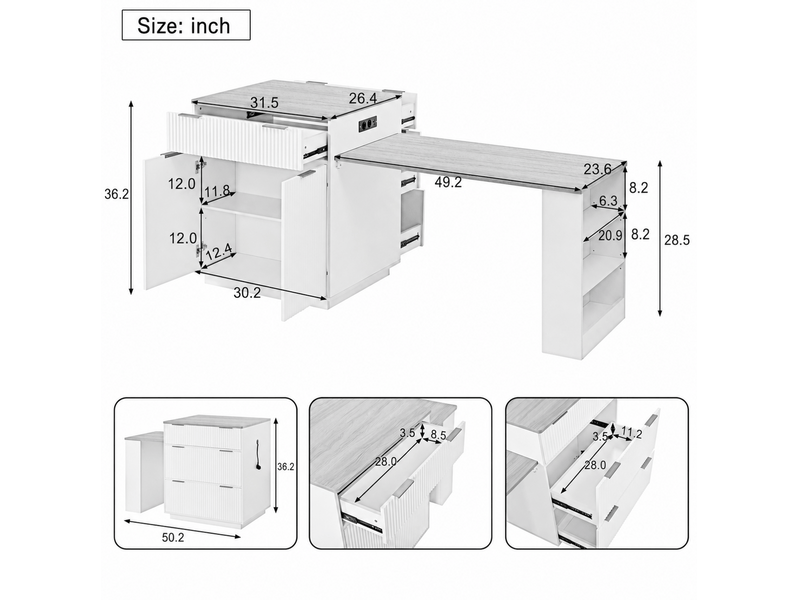  Îlot de cuisine à roulettes 127.5x67x92 cm extensible led mdf noir  - Conforama C