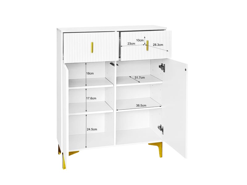 Buffet haut ulevr à 2 portes et 2 tiroirs, étagères réglables, 83 x 35 x 101 cm, panneaux de particules blanc et détails dorés - Conforama C