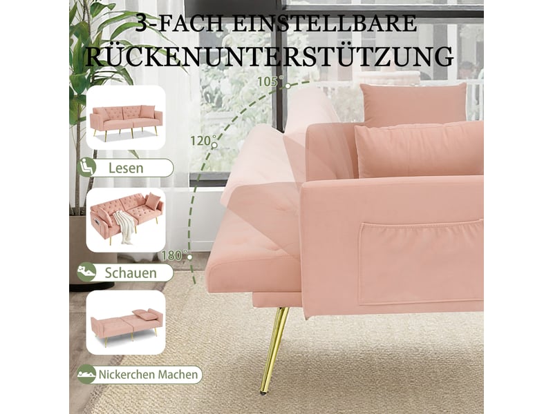  Canapé 2 places inclinable avec dossier réglable  - 3 positions, coussins inclus, velours - rose  - Conforama E