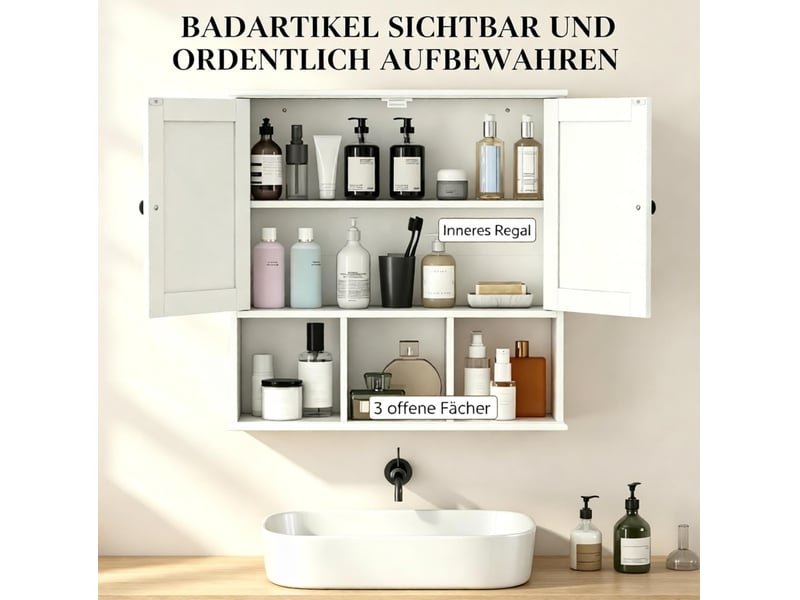  Meuble mural de salle de bains blanc en mdf, 2 portes et 3 niches ouvertes, style campagne, gain de place  - Conforama D